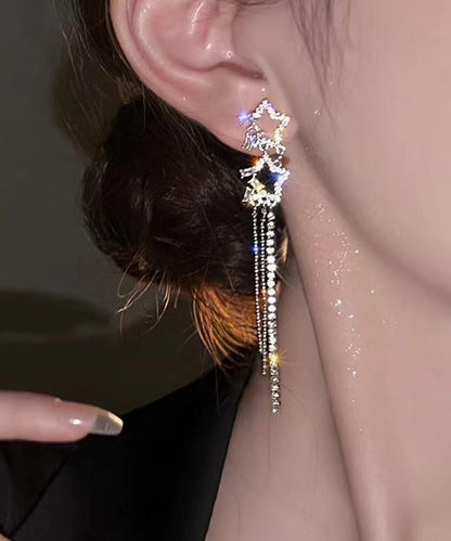 Pendientes elegantes con borlas de circonitas y estrella de cinco puntas de aleación de plata esterlina blanca