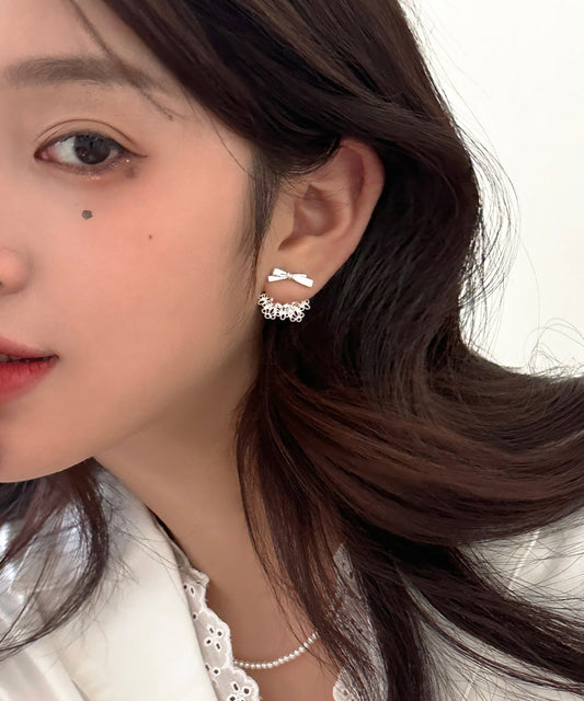 Classy White Sterling Silver Bow Lace Stud Earrings