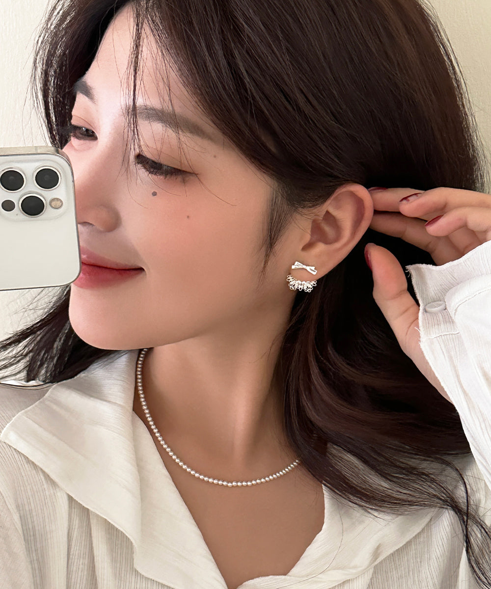 Classy White Sterling Silver Bow Lace Stud Earrings