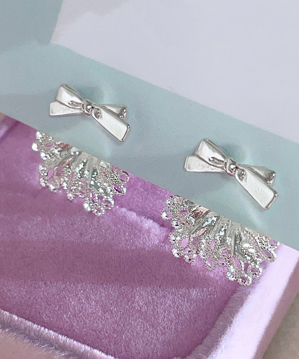 Classy White Sterling Silver Bow Lace Stud Earrings