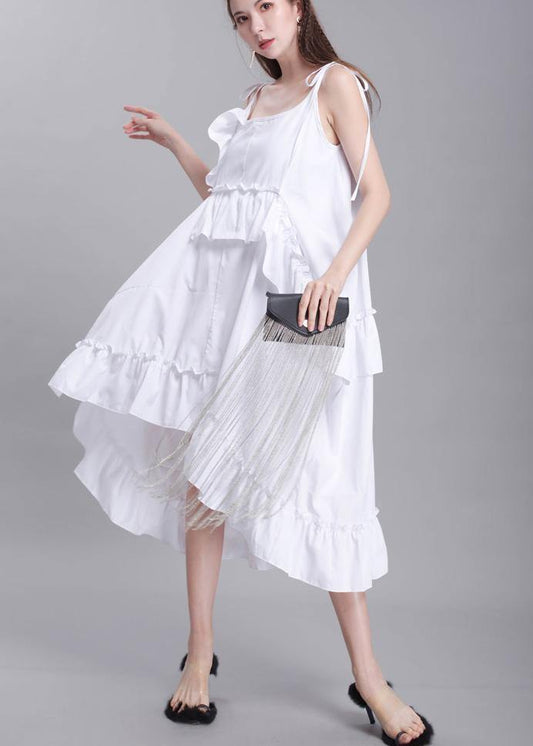 Classy White Summer asymmetrical design Cotton Spaghetti Strap Dress - SooLinen