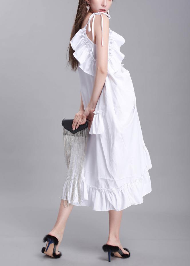 Classy White Summer asymmetrical design Cotton Spaghetti Strap Dress - SooLinen
