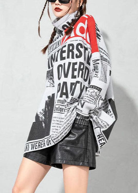 Edle weiße Rollkragen-Strickoberteile mit Grafik für den Frühling