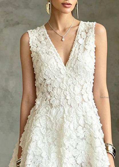 Classy White V Neck Floral Mid Dress Sleeveless