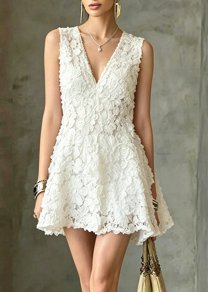 Classy White V Neck Floral Mid Dress Sleeveless