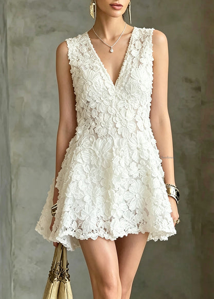 Classy White V Neck Floral Mid Dress Sleeveless