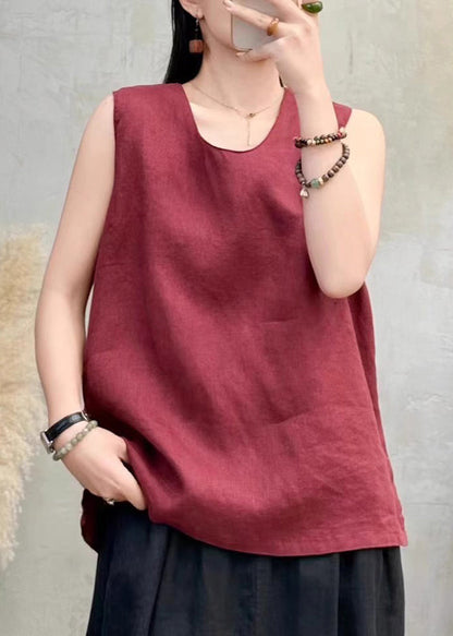 Classy Wine Red Side Open Solid Linen Tops Sleeveless