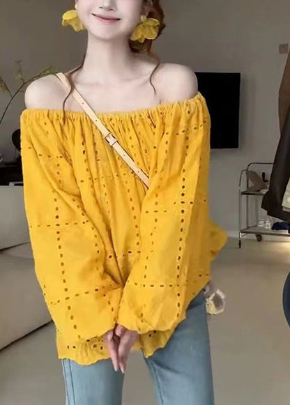 Classy Yellow Cold Shoulder Hollow Out Cotton Shirt Summer