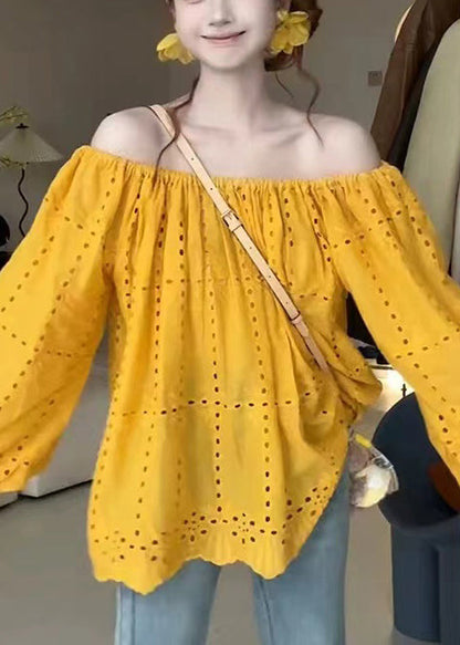 Classy Yellow Cold Shoulder Hollow Out Cotton Shirt Summer