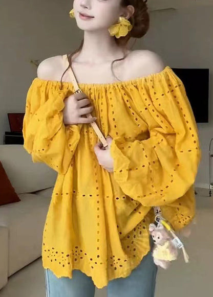 Classy Yellow Cold Shoulder Hollow Out Cotton Shirt Summer