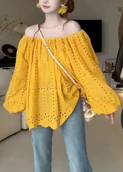 Classy Yellow Cold Shoulder Hollow Out Cotton Shirt Summer