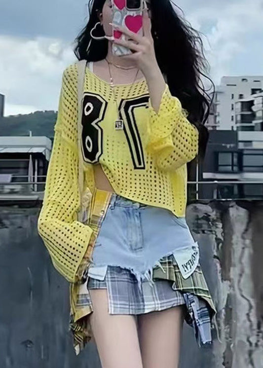 Classy Yellow Embroidered Hollow Out Knit Tops Summer