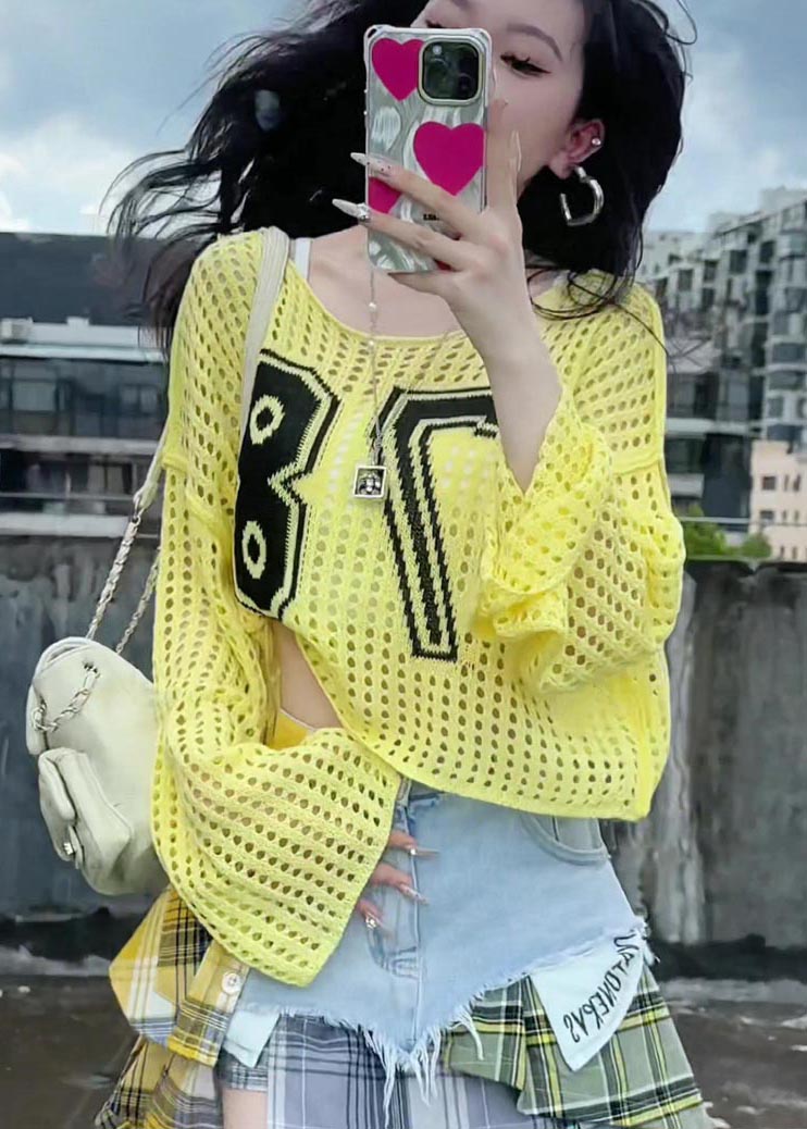 Classy Yellow Embroidered Hollow Out Knit Tops Summer