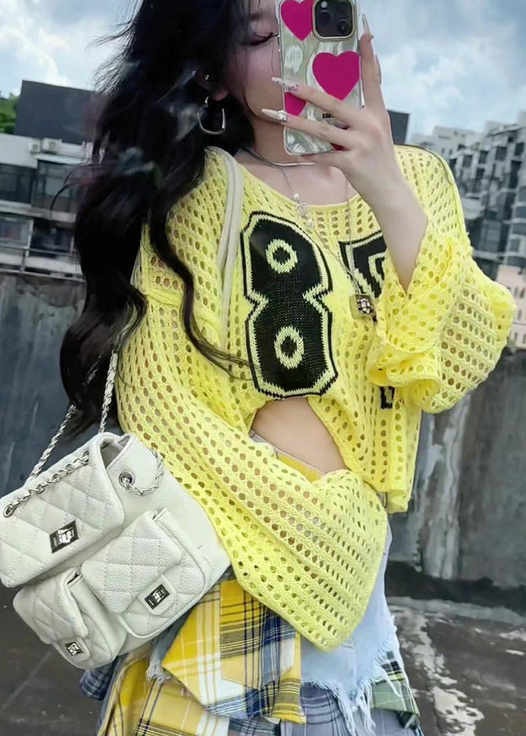 Classy Yellow Embroidered Hollow Out Knit Tops Summer