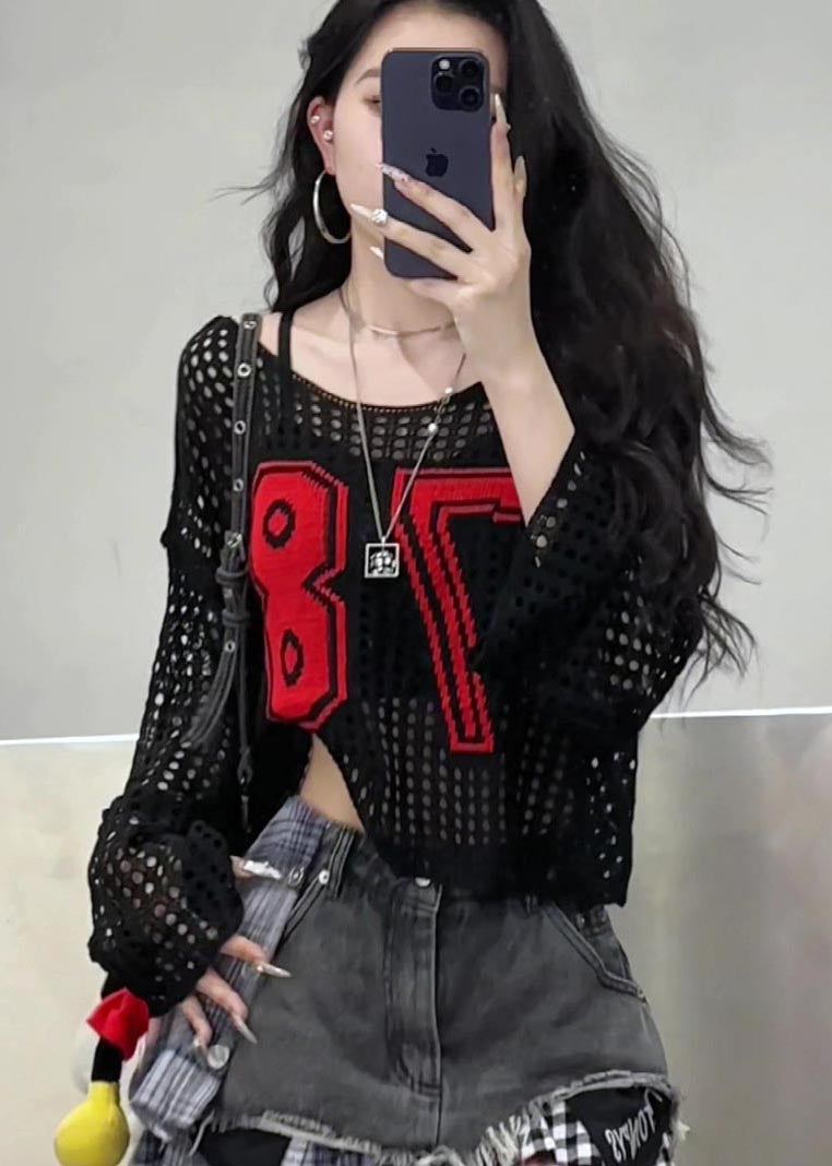 Classy Yellow Embroidered Hollow Out Knit Tops Summer