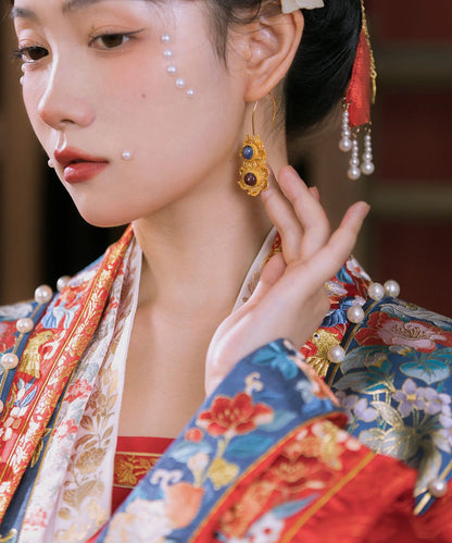 Edle gelbe florale Tropfenohrringe mit eingelegten Edelsteinen