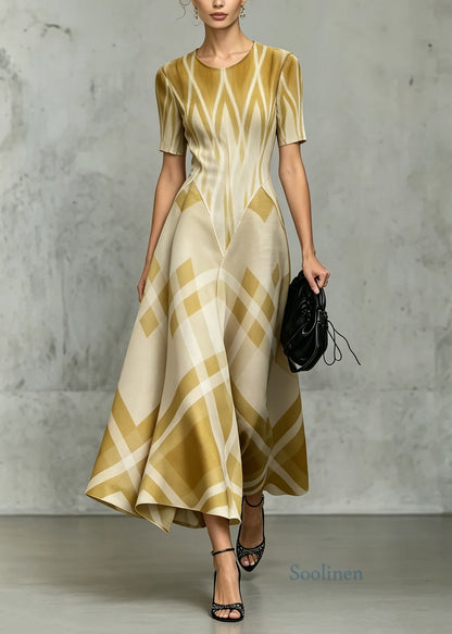 Classy Yellow O Neck Plaid Patchwork Ankle Dress Summer