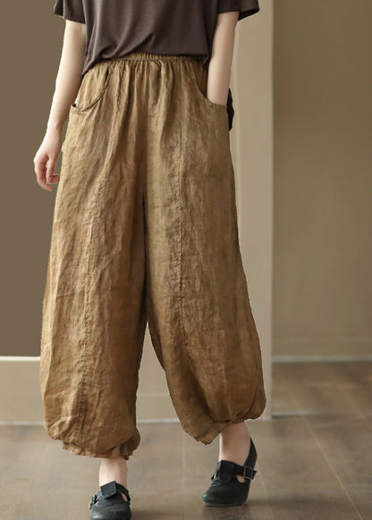 Edle gelbe Patchwork Ramie Crop Pants Sommer