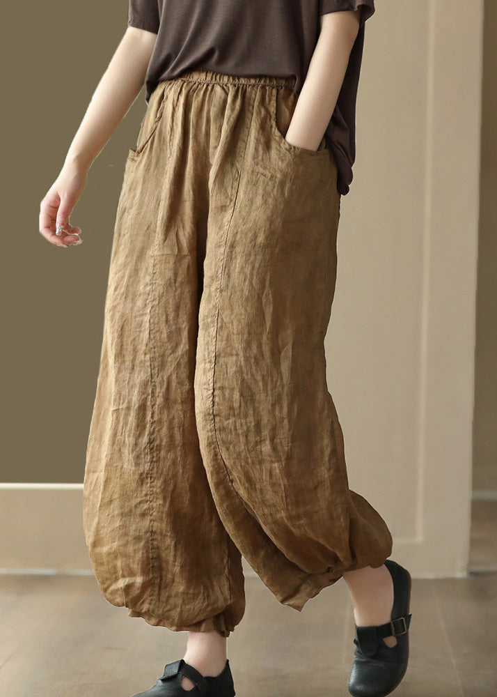 Edle gelbe Patchwork Ramie Crop Pants Sommer