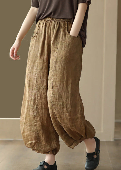 Edle gelbe Patchwork Ramie Crop Pants Sommer