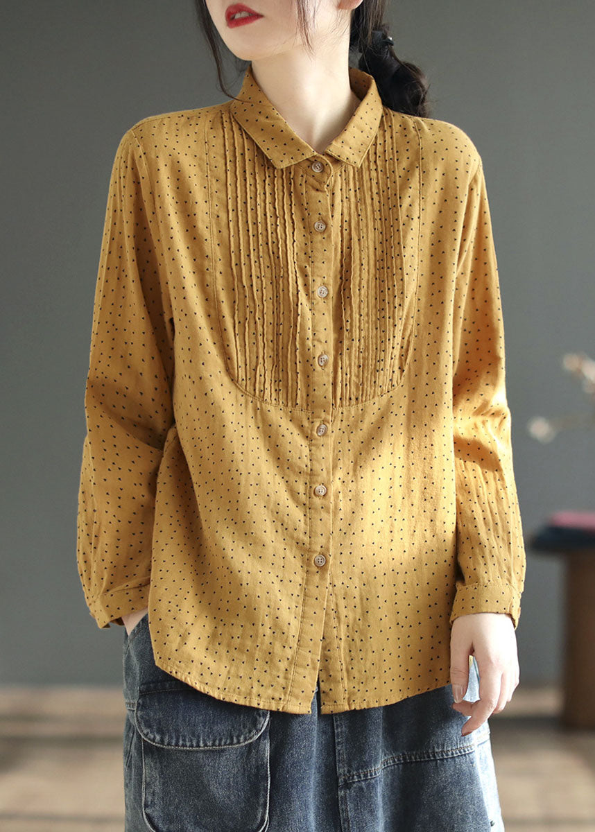 Blusas elegantes de algodón con cuello Peter Pan amarillo, estampado de patchwork arrugado, primavera