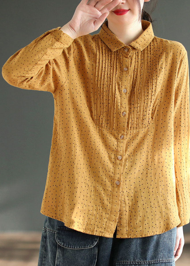 Blusas elegantes de algodón con cuello Peter Pan amarillo, estampado de patchwork arrugado, primavera