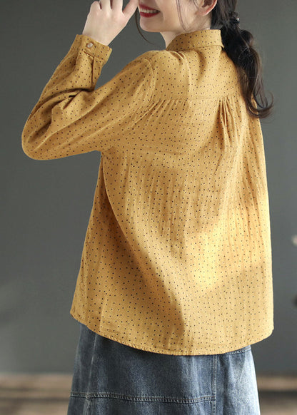 Blusas elegantes de algodón con cuello Peter Pan amarillo, estampado de patchwork arrugado, primavera