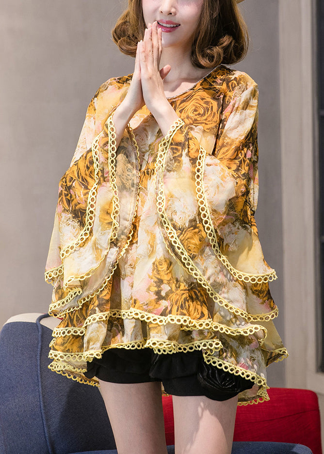 Edle Chiffon-Tops mit gelbem Aufdruck und ausgestellten Ärmeln
