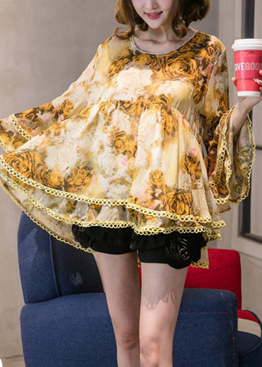 Edle Chiffon-Tops mit gelbem Aufdruck und ausgestellten Ärmeln