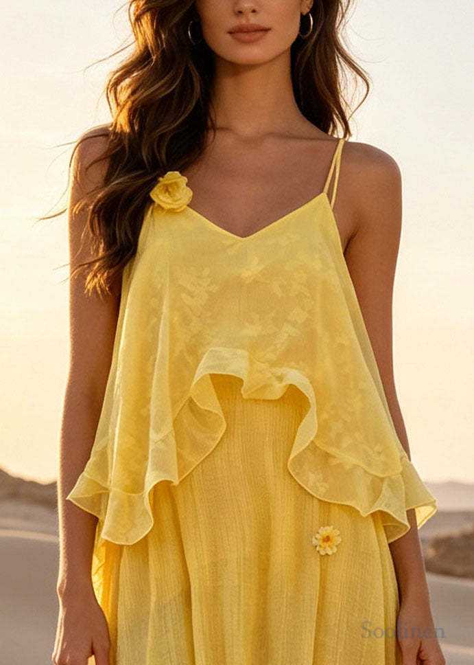 Classy Yellow Ruffled Floral Cotton Beach Dresses Summer