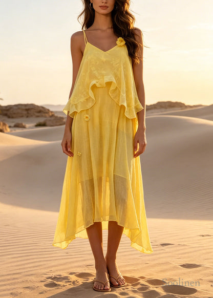 Classy Yellow Ruffled Floral Cotton Beach Dresses Summer