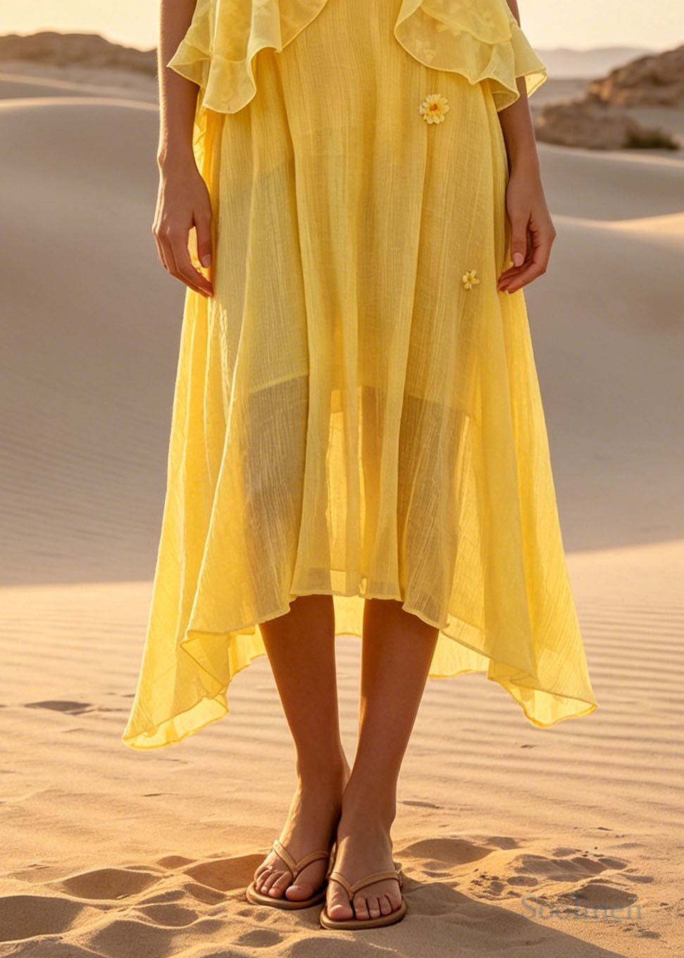 Classy Yellow Ruffled Floral Cotton Beach Dresses Summer