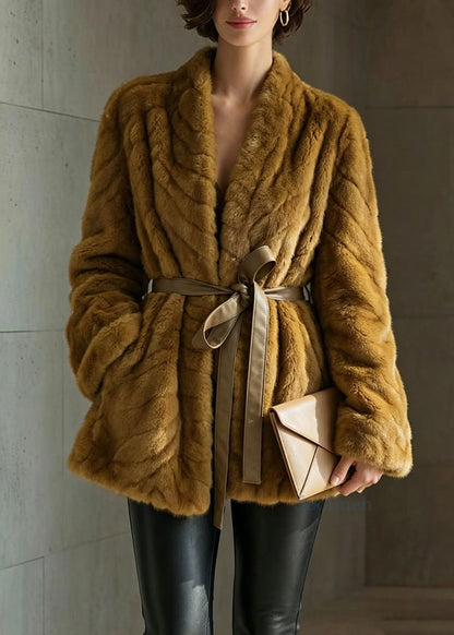 Classy Yellow V Neck Pockets Lace Up Faux Fur Coat Winter