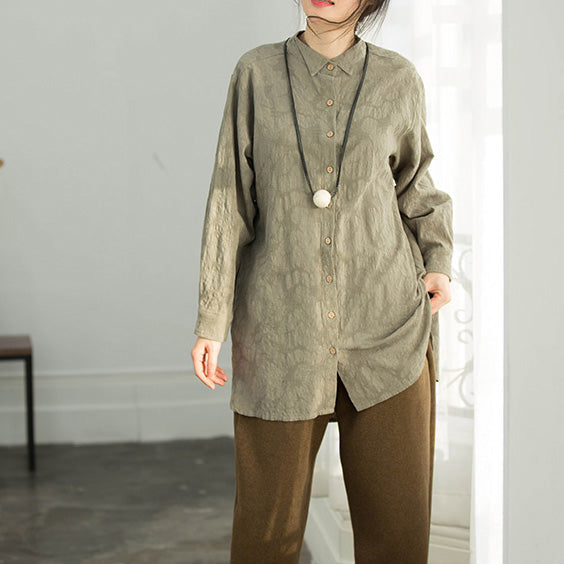 Edle armeegrüne Baumwollkleidung Lässige Arbeitsoutfits Bluse mit Jacquard-Silhouette