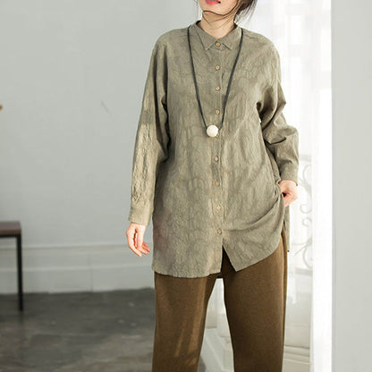 Edle armeegrüne Baumwollkleidung Lässige Arbeitsoutfits Bluse mit Jacquard-Silhouette