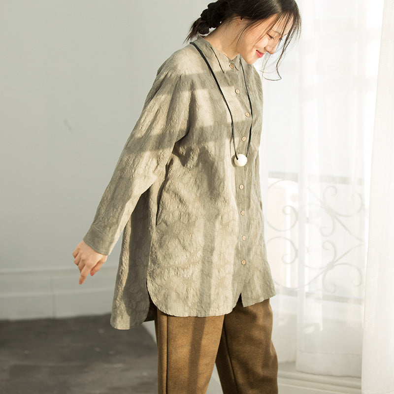 Edle armeegrüne Baumwollkleidung Lässige Arbeitsoutfits Bluse mit Jacquard-Silhouette