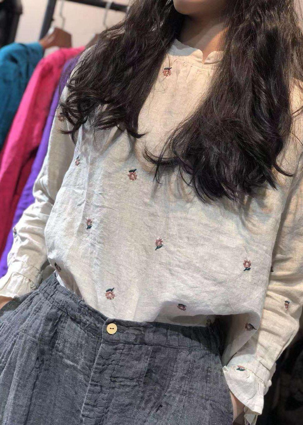 Classy beige embroidery linen tops women blouses stand collar Knee autumn top - SooLinen