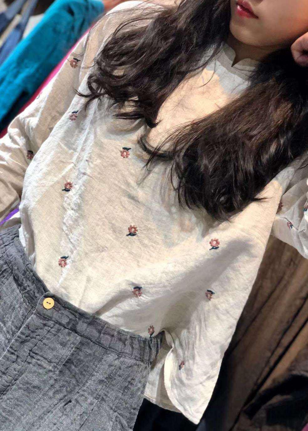 Classy beige embroidery linen tops women blouses stand collar Knee autumn top - SooLinen