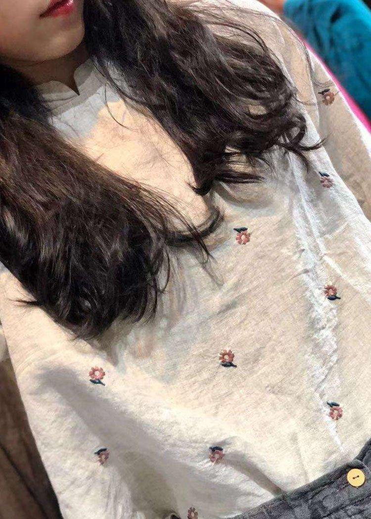 Classy beige embroidery linen tops women blouses stand collar Knee autumn top - SooLinen