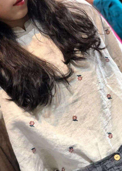 Classy beige embroidery linen tops women blouses stand collar Knee autumn top - SooLinen
