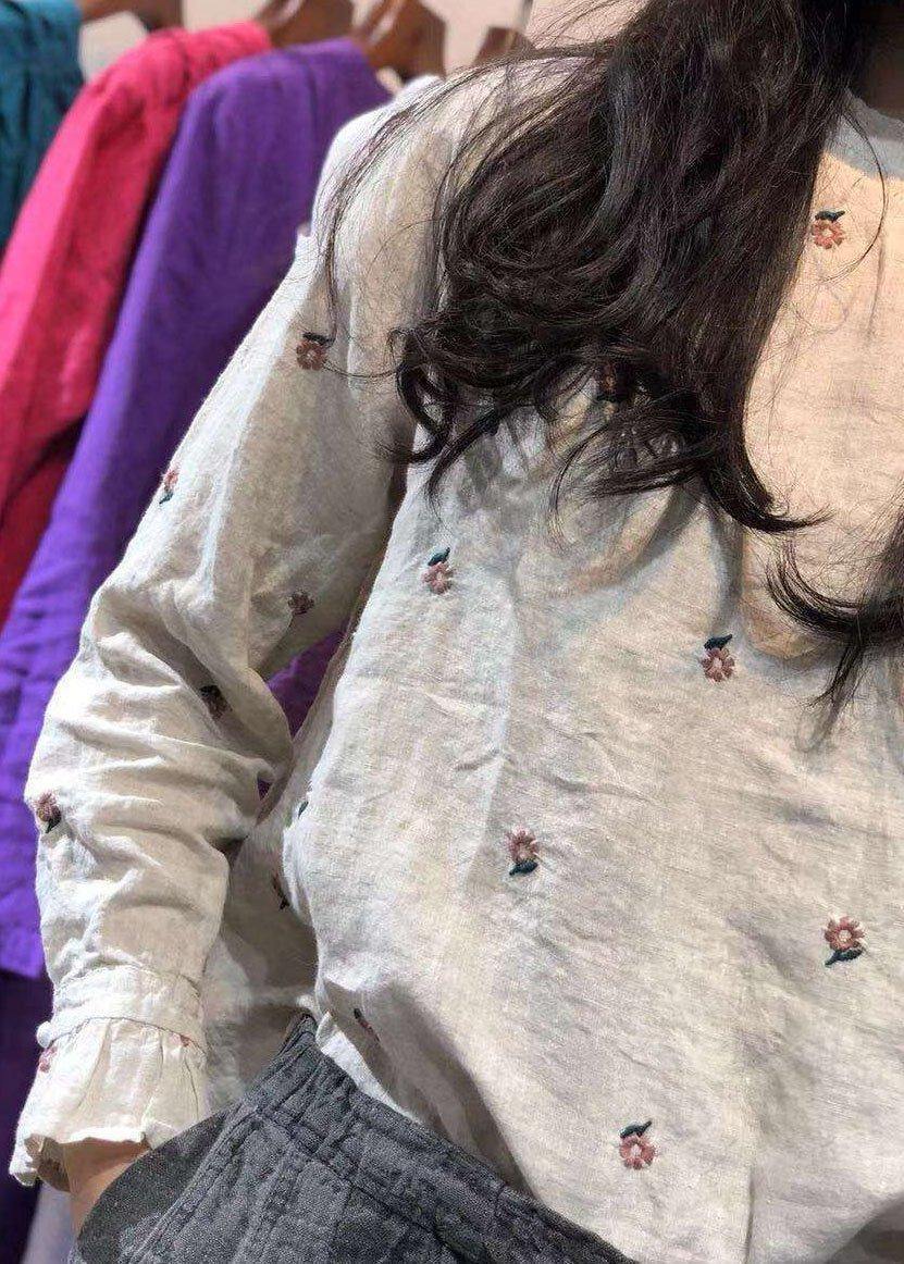 Classy beige embroidery linen tops women blouses stand collar Knee autumn top - SooLinen