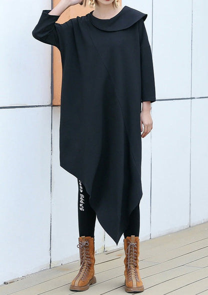 Edle schwarze Baumwollmischung Kleidung für Frauen Korea Runway O Neck Asymmetrische Kunst Kleid