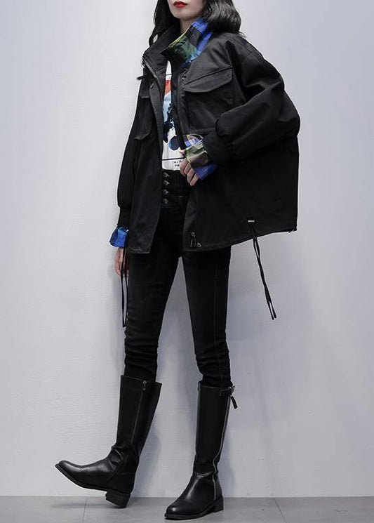 Classy black Fashion clothes For Women Wardrobes stand collar flare sleeve outwears - SooLinen