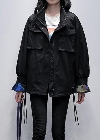 Classy black Fashion clothes For Women Wardrobes stand collar flare sleeve outwears - SooLinen