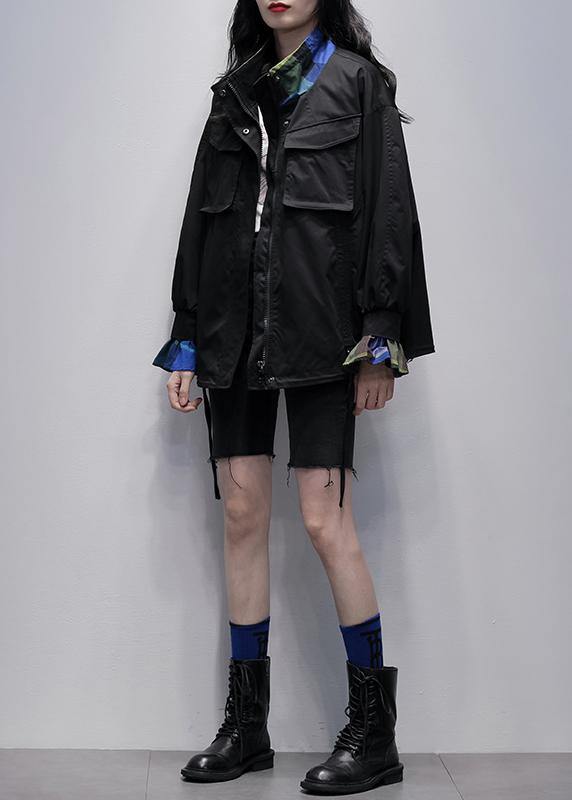 Classy black Fashion clothes For Women Wardrobes stand collar flare sleeve outwears - SooLinen