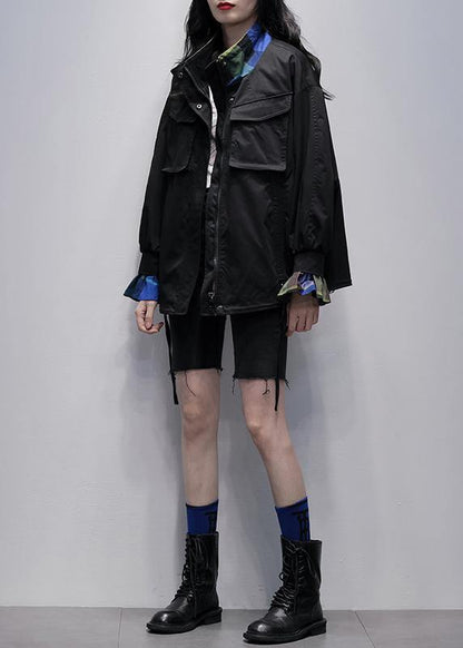 Classy black Fashion clothes For Women Wardrobes stand collar flare sleeve outwears - SooLinen