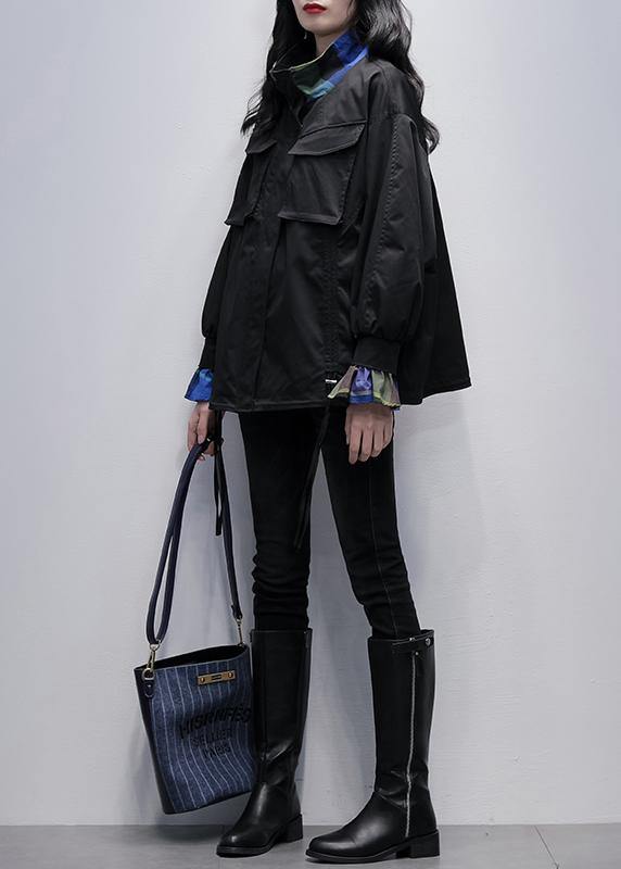 Classy black Fashion clothes For Women Wardrobes stand collar flare sleeve outwears - SooLinen