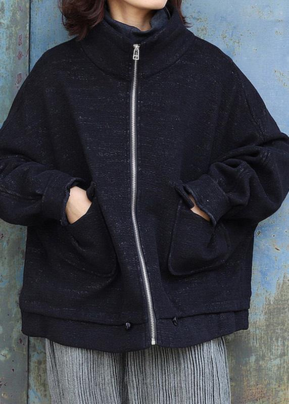 Classy black Fine maxi coat pattern zippered high neck coat - SooLinen