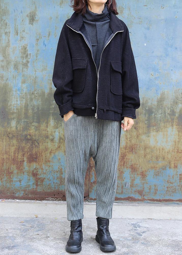 Classy black Fine maxi coat pattern zippered high neck coat - SooLinen