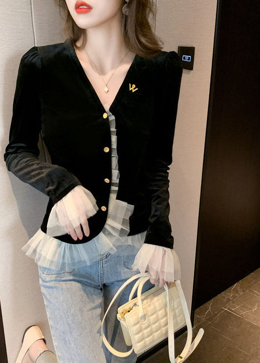 Edles schwarzes V-Ausschnitt Tüll Patchwork Velour Top Frühling